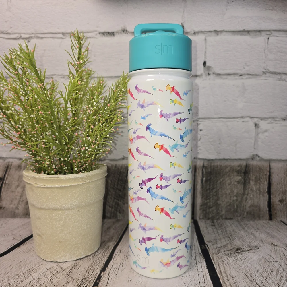 Simple Modern Slim Colorful Hammerhead Shark Pattern Water Bottle 22oz - Picture 1 of 10